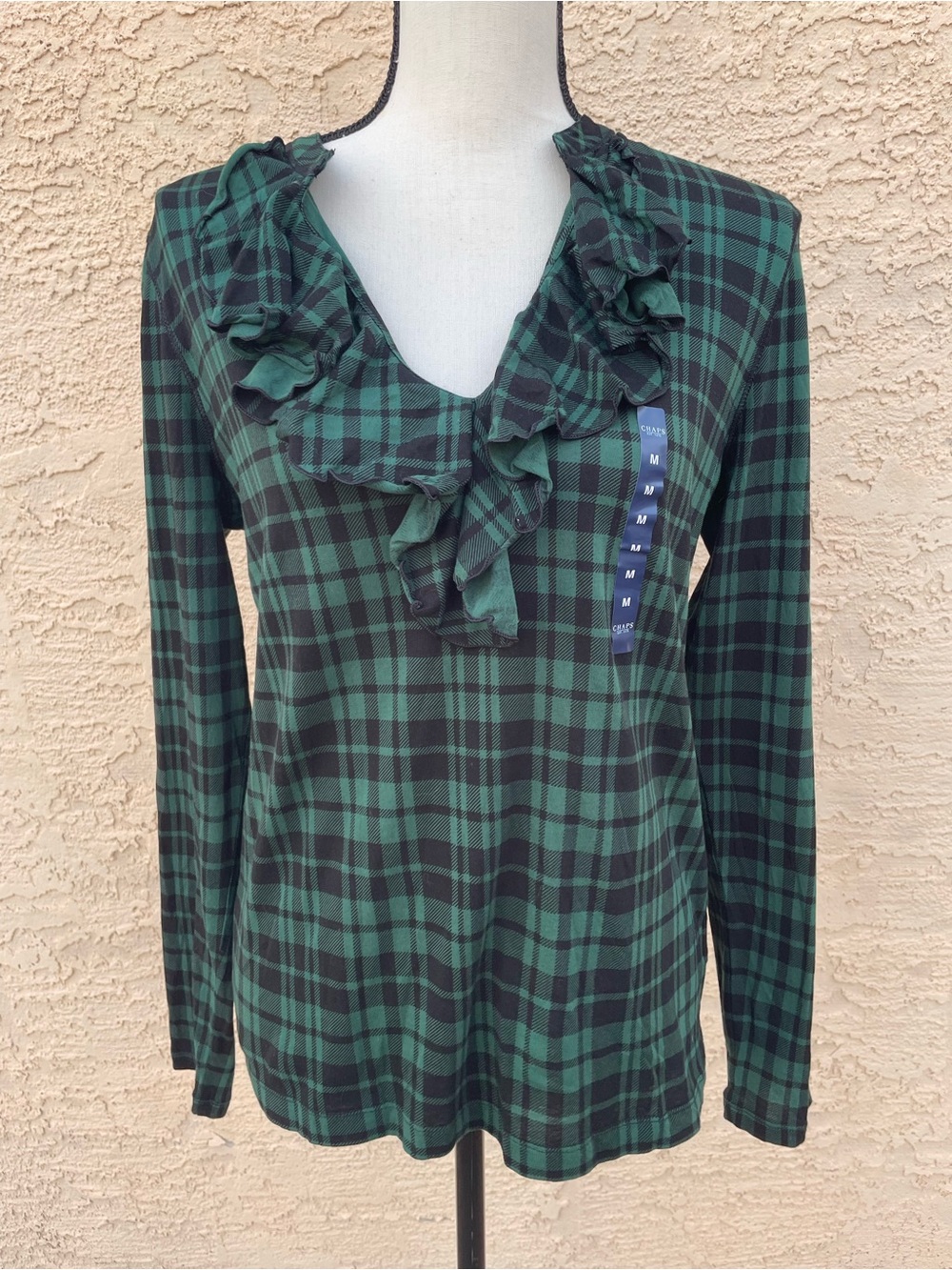 Chaps shirt popover flannel cotton tartan plaid ruffled frilly country medium